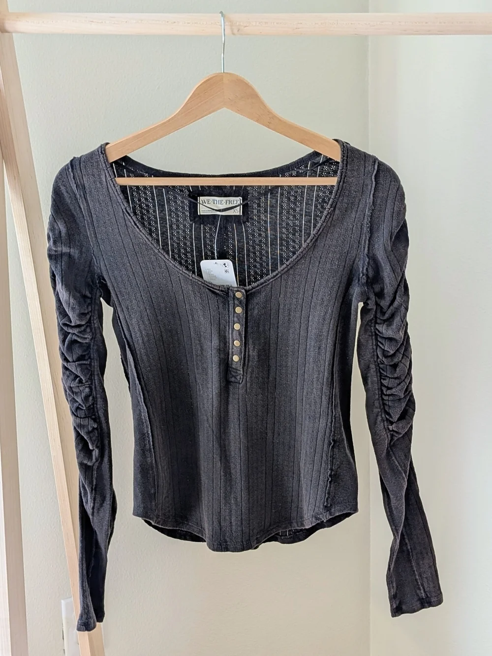 NWT Free People Ruched Sleeve Pointelle Henley Top In Washed Black - XS